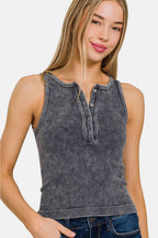 Zenana Washed Ribbed Half Snap Seamless Tank - Delanoir