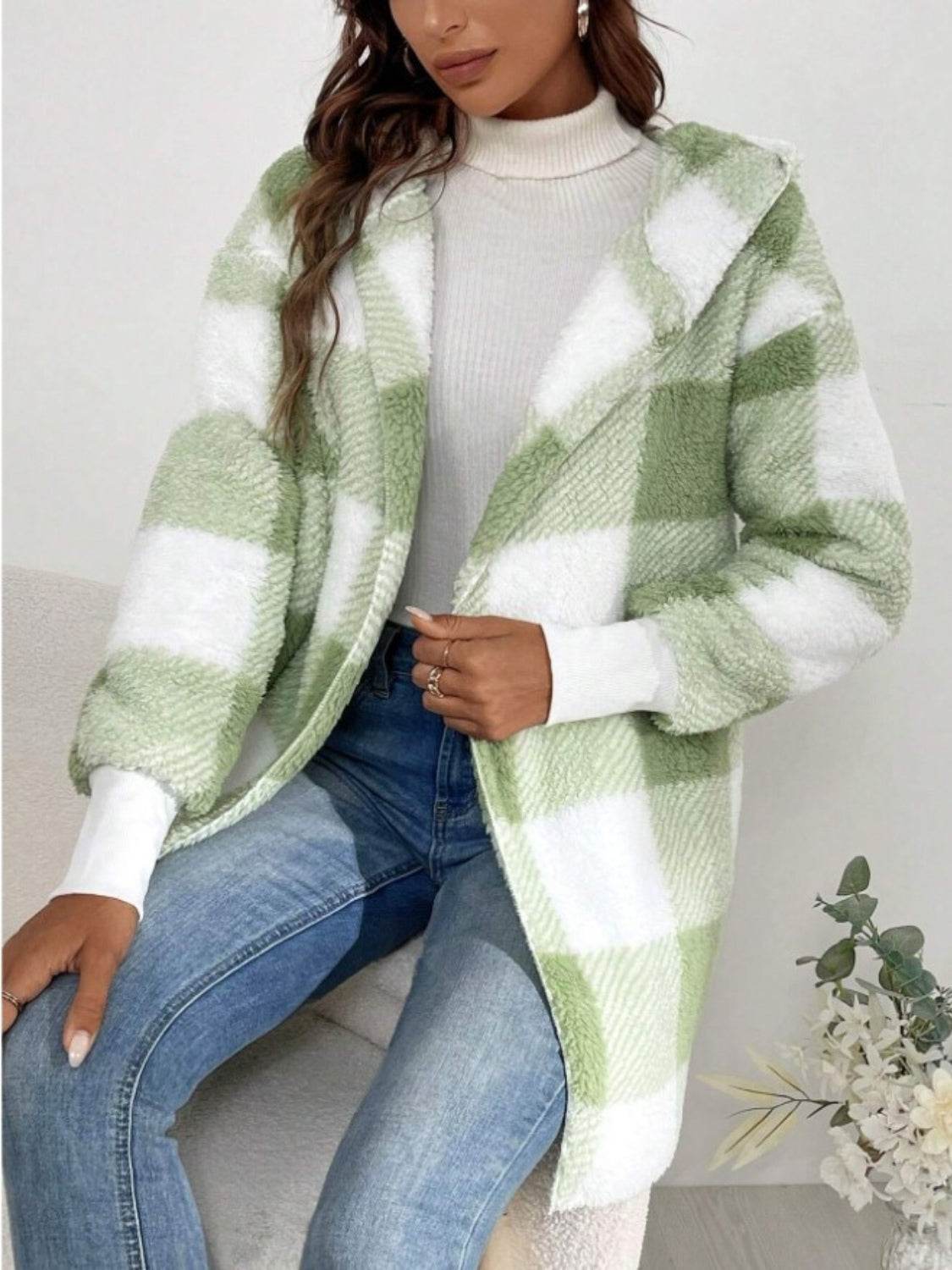 Plaid Long Sleeve Hooded Coat - Delanoir