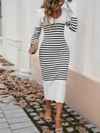 Devine Striped V-Neck Long Sleeve Sweater Dress - Delanoir