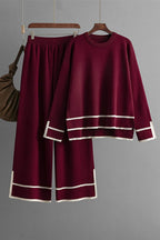 High-Low Round Neck Top and Pants Sweater Set - Delanoir