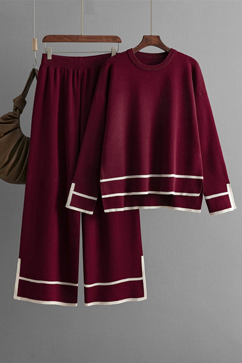 High-Low Round Neck Top and Pants Sweater Set - Delanoir