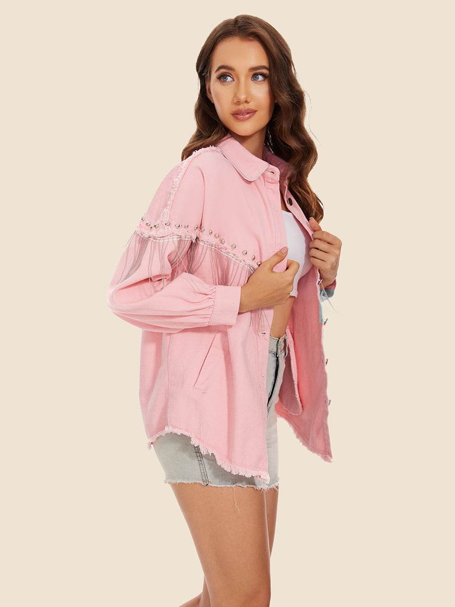 Raw Hem Fringe Detail Denim Jacket - Delanoir