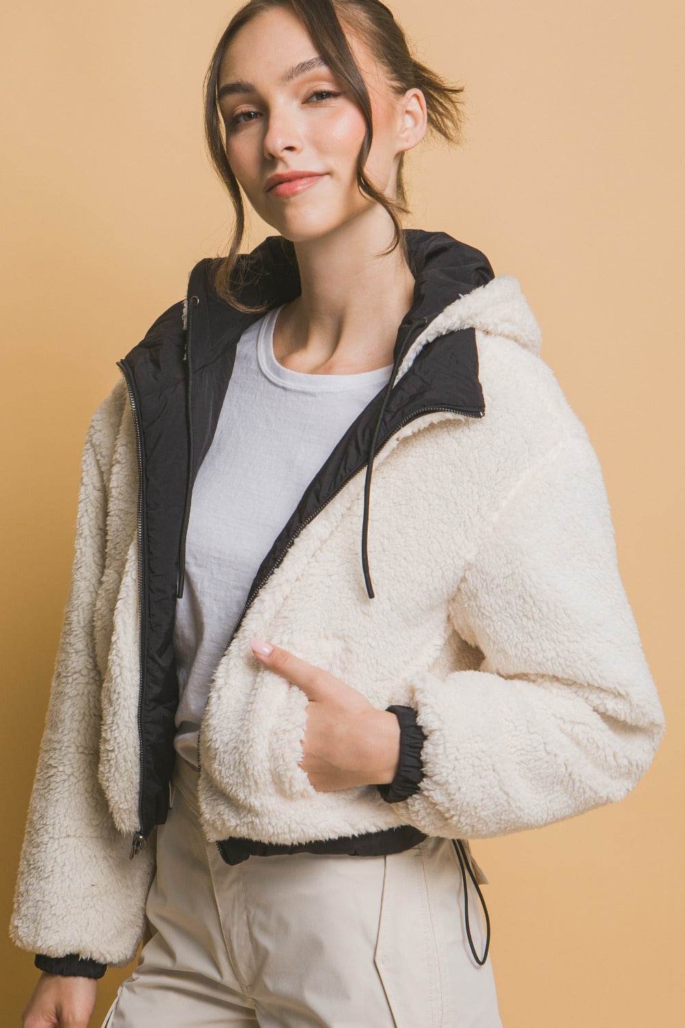 Love Tree Zip Up Cropped Hooded Sherpa Reversible Jacket - Delanoir