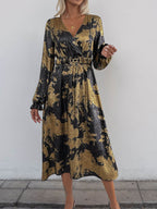Perfee Printed Surplice Long Sleeve Midi Dress - Delanoir