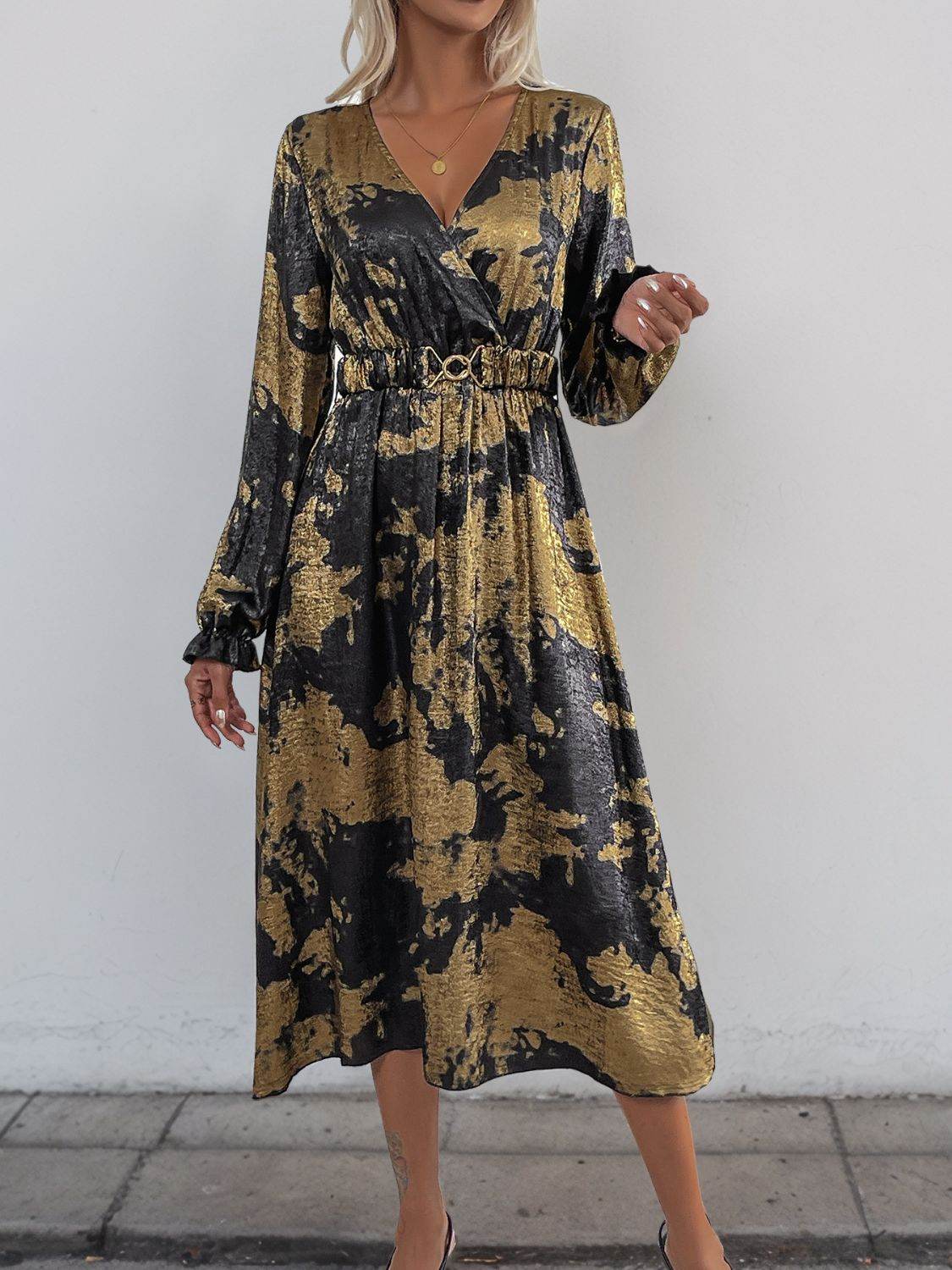 Perfee Printed Surplice Long Sleeve Midi Dress - Delanoir