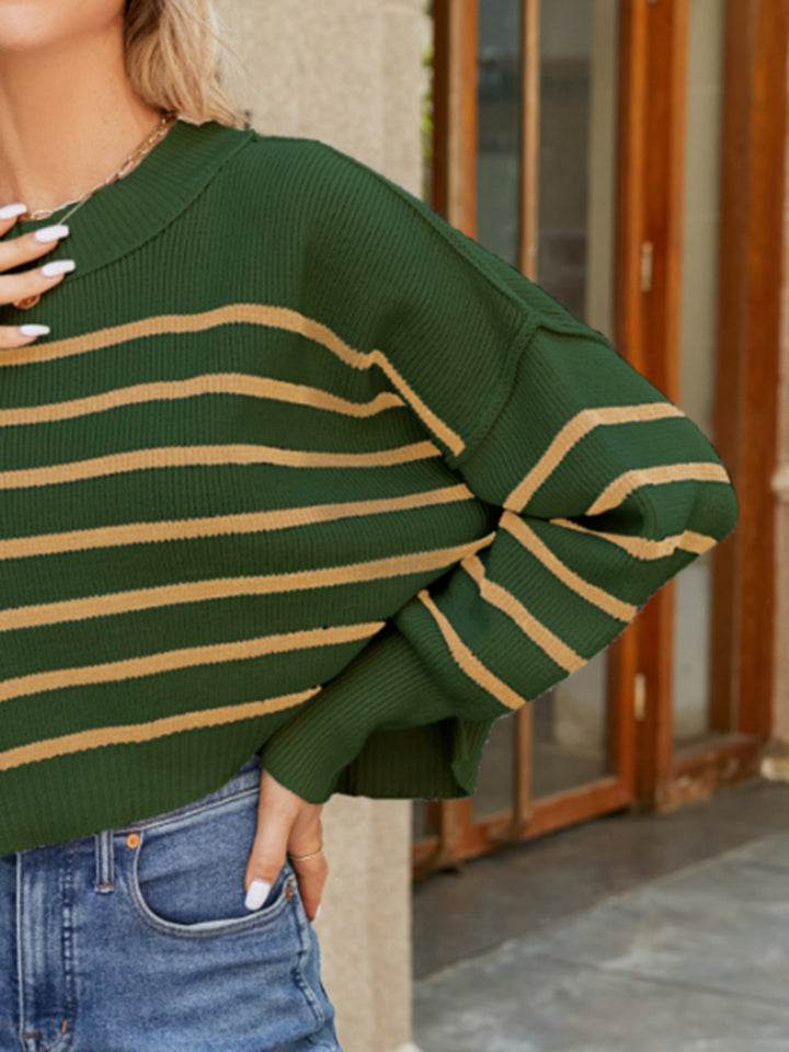 Round Neck Striped Lantern Sleeve Sweater - Delanoir