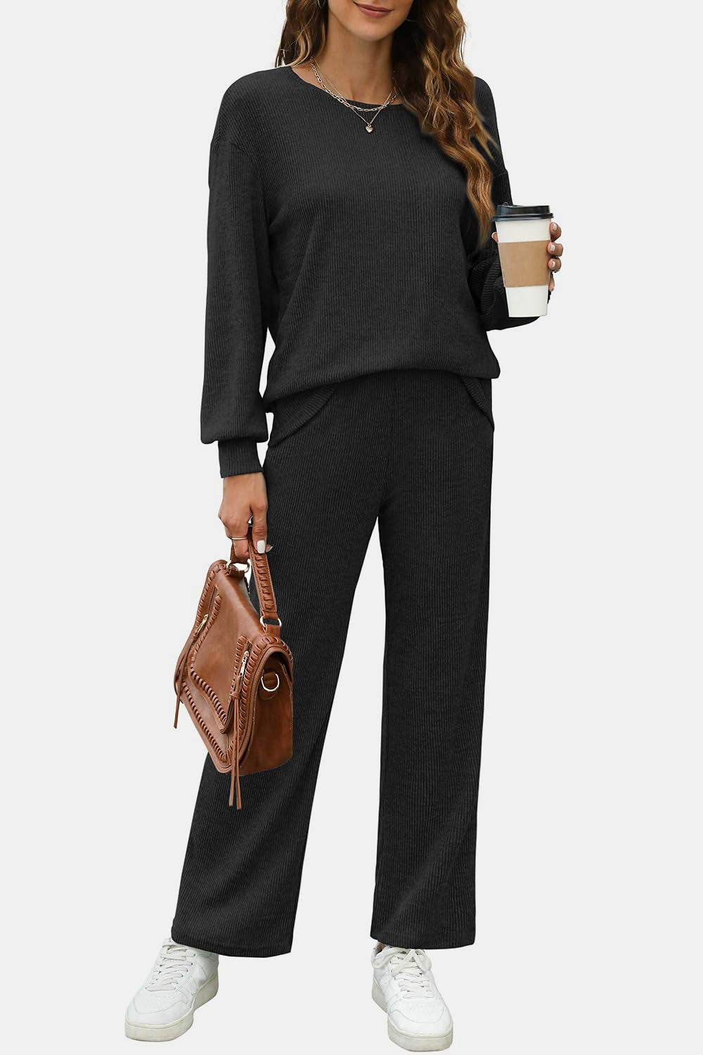 Round Neck Long Sleeve Top and Pants Set - Delanoir