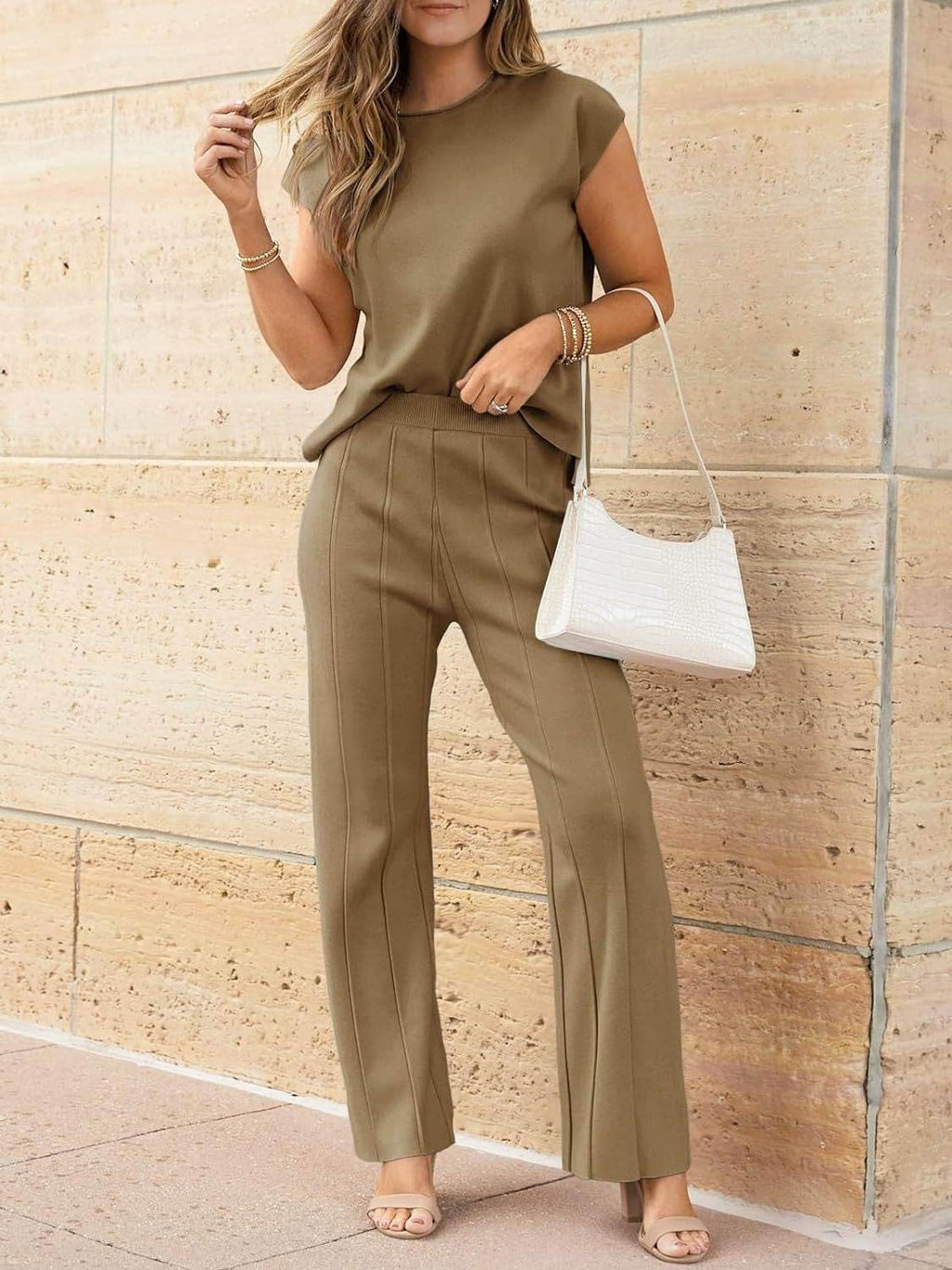 Round Neck Cap Sleeve Top and Pants Knit Set - Delanoir