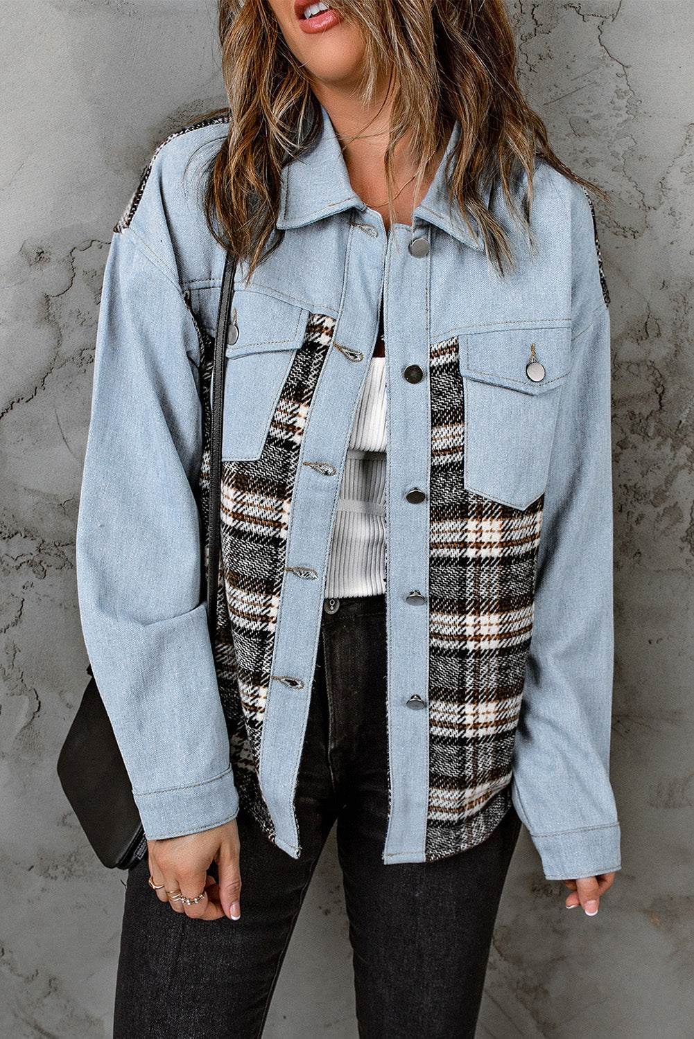 Plaid Pocketed Button Up Denim Jacket - Delanoir