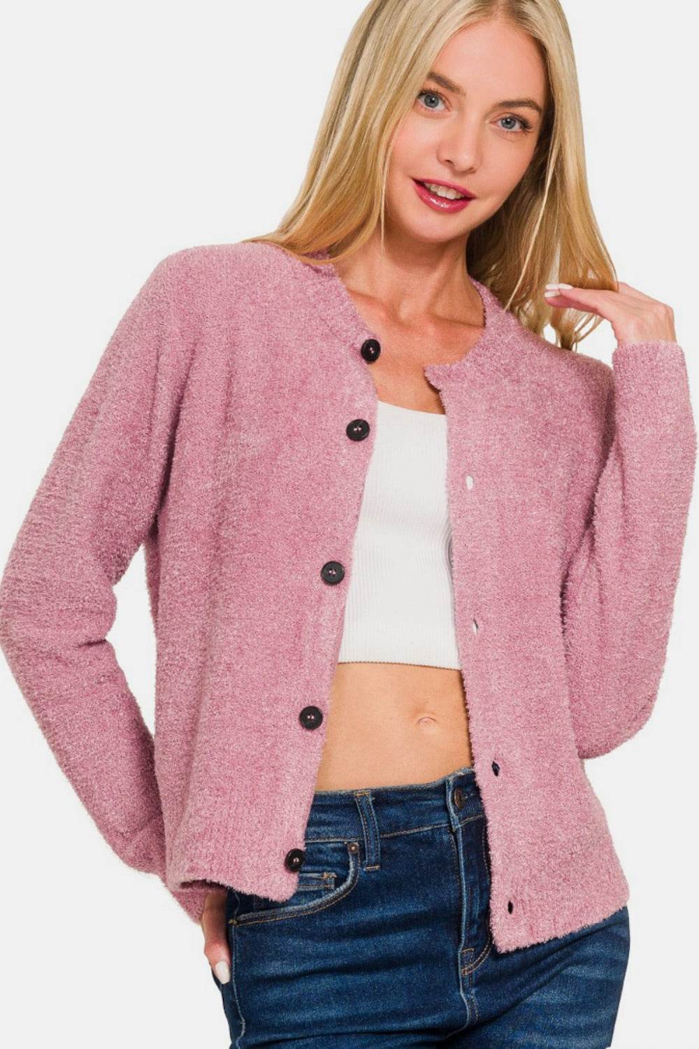 Zenana Button Down Long Sleeve Sweater Cardigan - Delanoir
