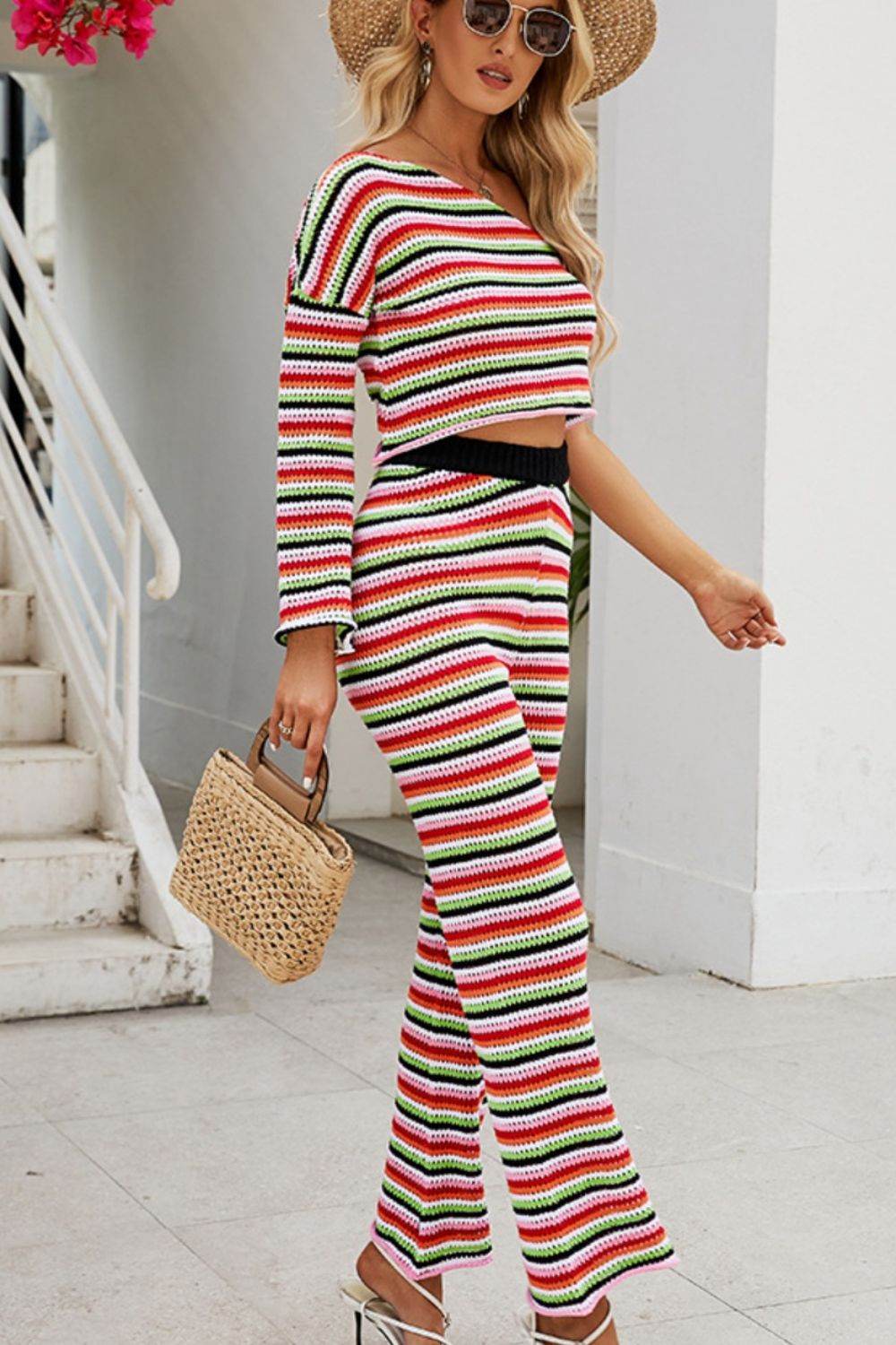 Striped Single Shoulder Top and Pants Knit Set - Delanoir