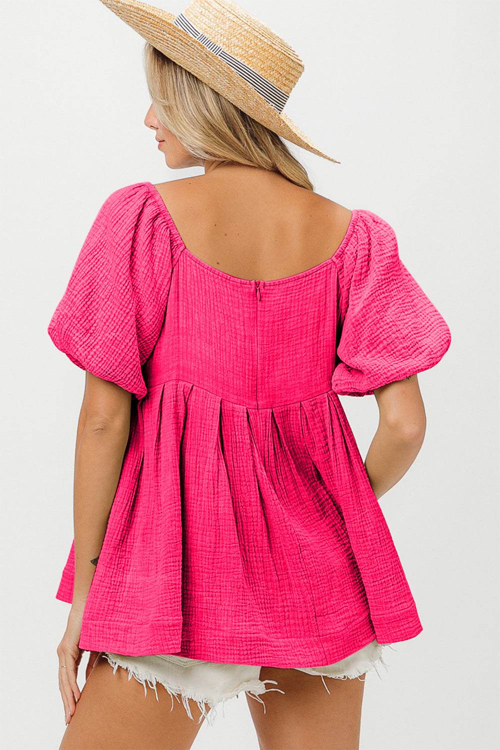 BiBi Pleated Puff Sleeve Washed Blouse - Delanoir