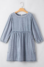 Cutout Round Neck Balloon Sleeve Denim Dress - Delanoir