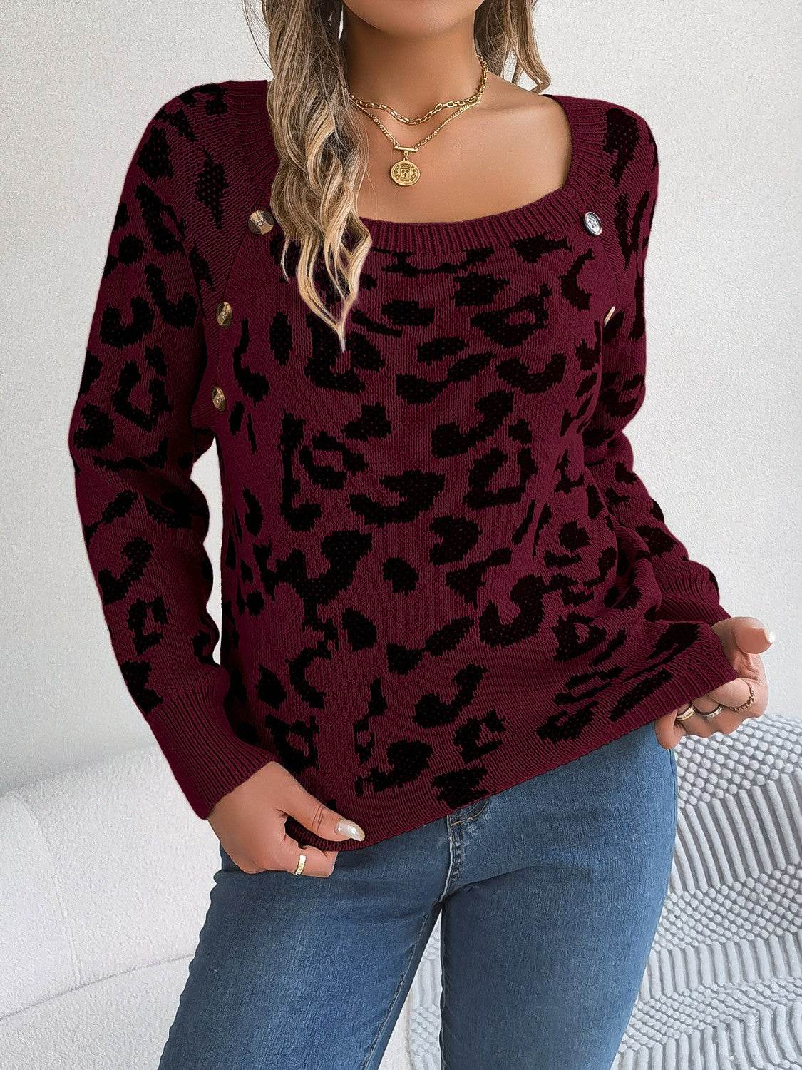 Leopard Buttoned Square Neck Sweater - Delanoir