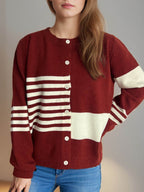 Striped Color Block Round Neck Cardigan - Delanoir