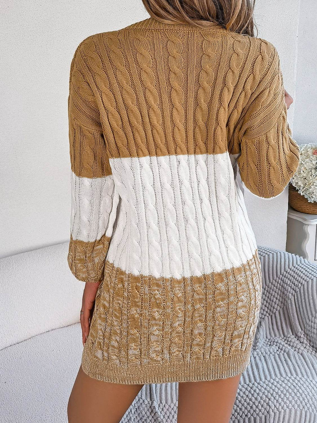 Cable-Knit Round Neck Color Block Sweater Dress - Delanoir