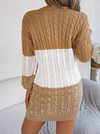 Cable-Knit Round Neck Color Block Sweater Dress - Delanoir