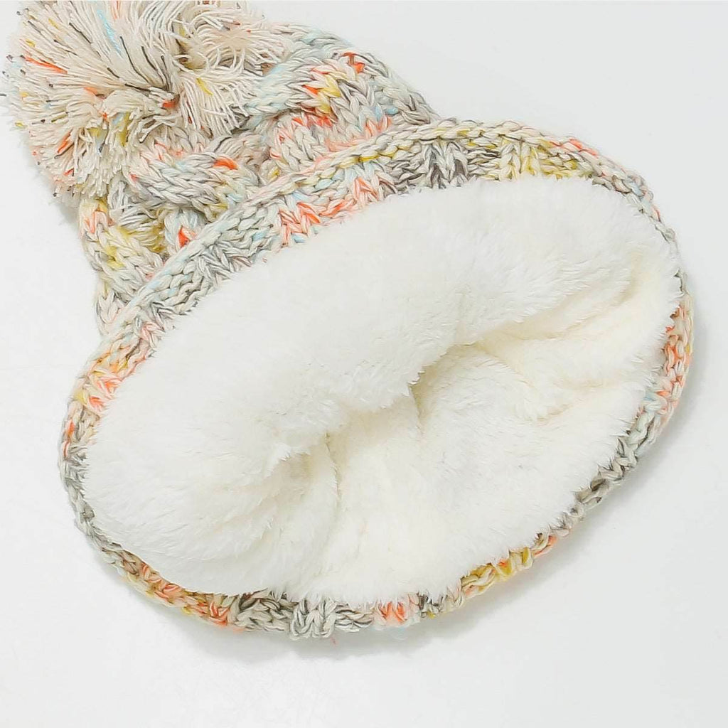 Contrast Cable-Knit Hat with Pompom - Delanoir