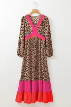Leopard V-Neck Long Sleeve Maxi Dress - Delanoir
