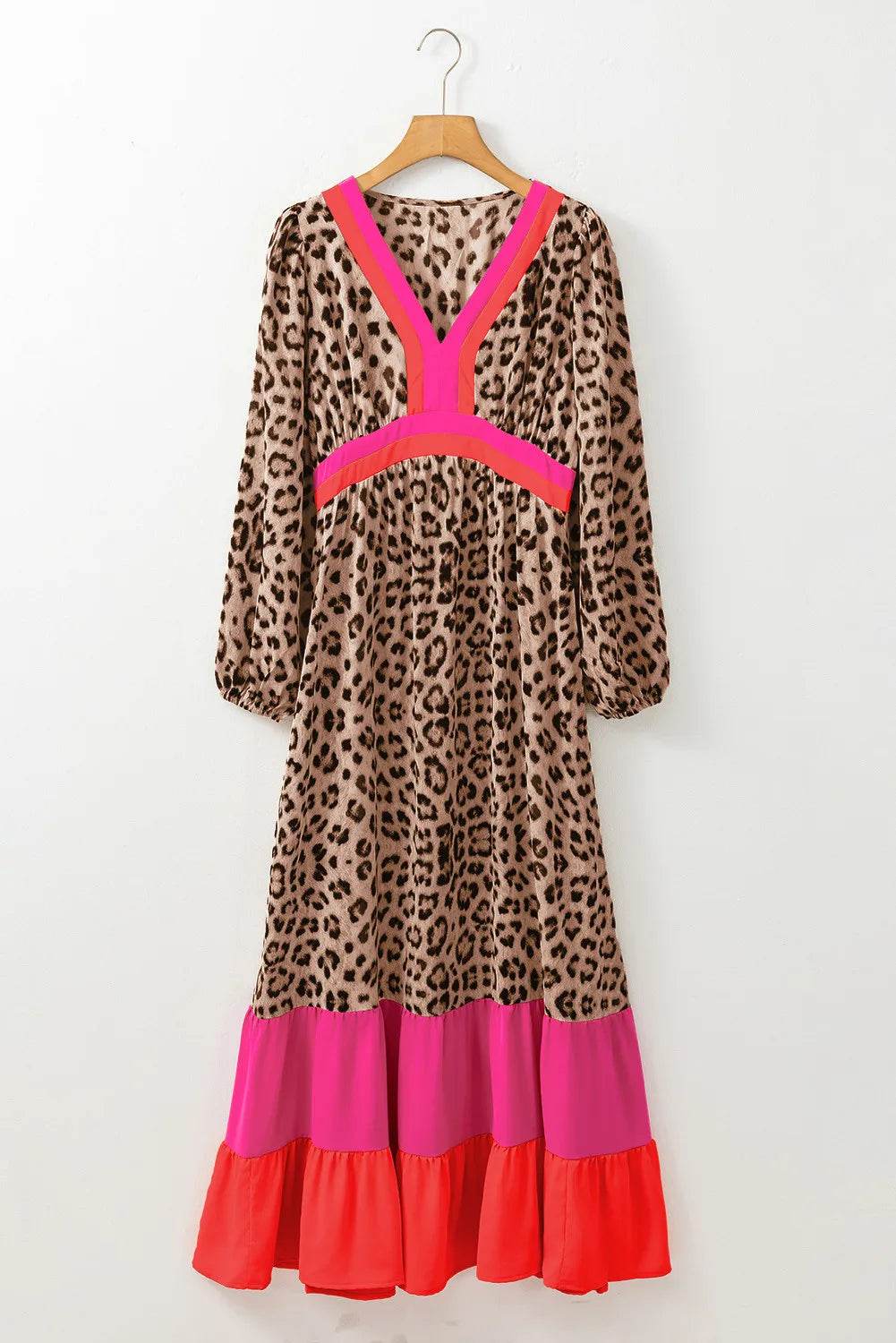 Leopard V-Neck Long Sleeve Maxi Dress - Delanoir