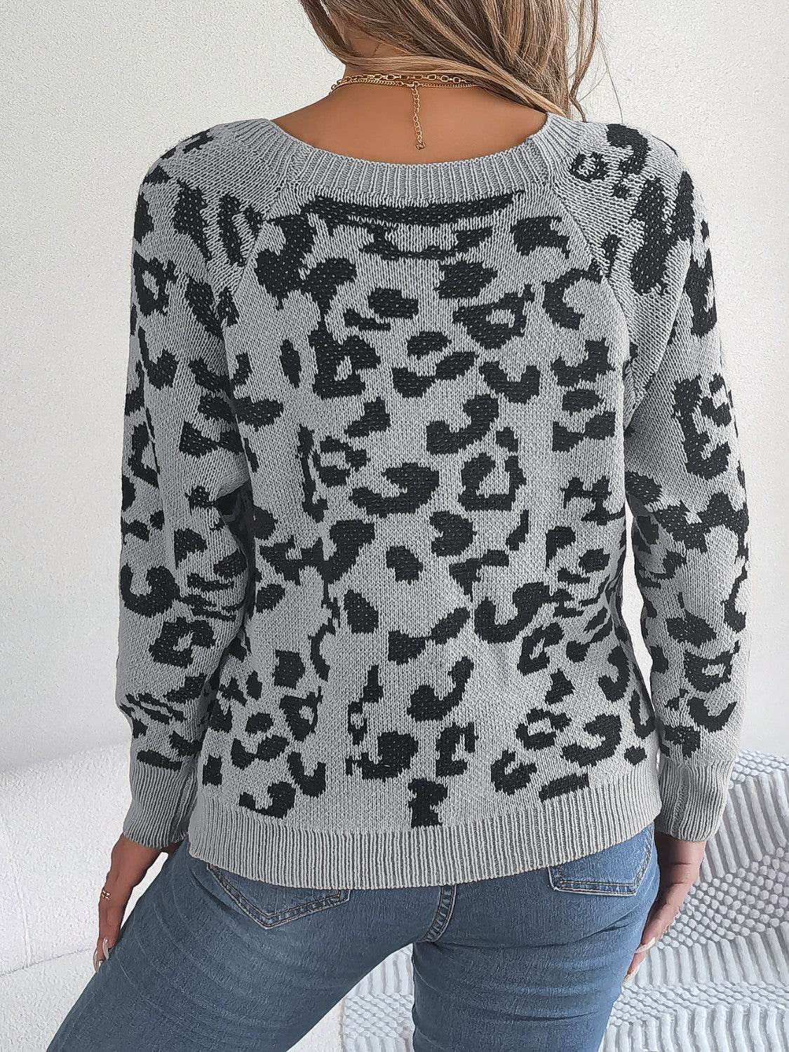 Leopard Buttoned Square Neck Sweater - Delanoir