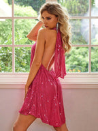 Sequin Halter Neck Mini Dress - Delanoir