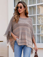 Striped Boat Neck Poncho with Fringes - Delanoir