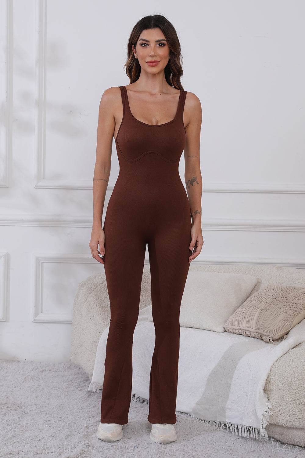 Scoop Neck Wide Strap Active Jumpsuit - Delanoir
