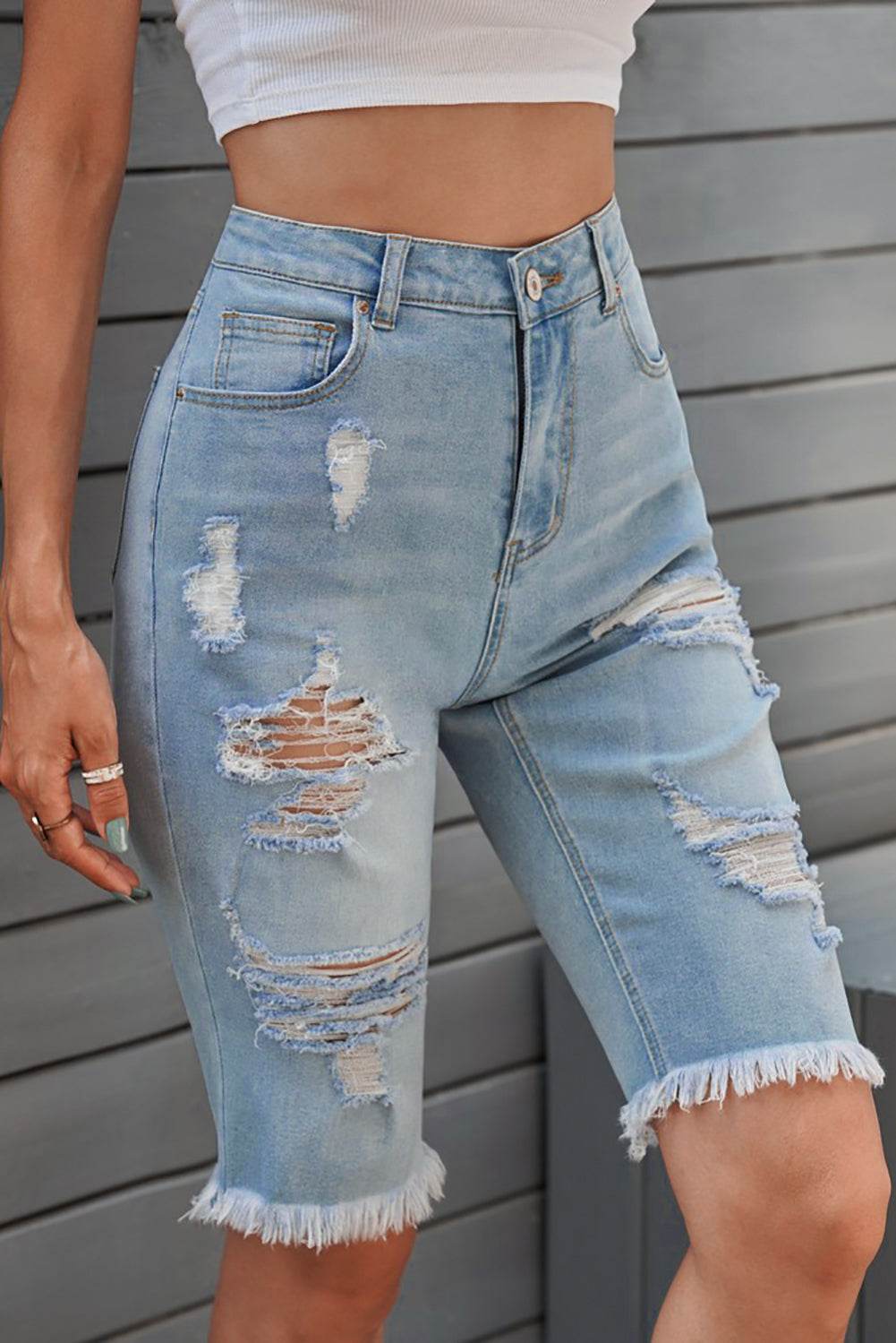 Distressed Raw Hem Denim Bermuda Shorts - Delanoir