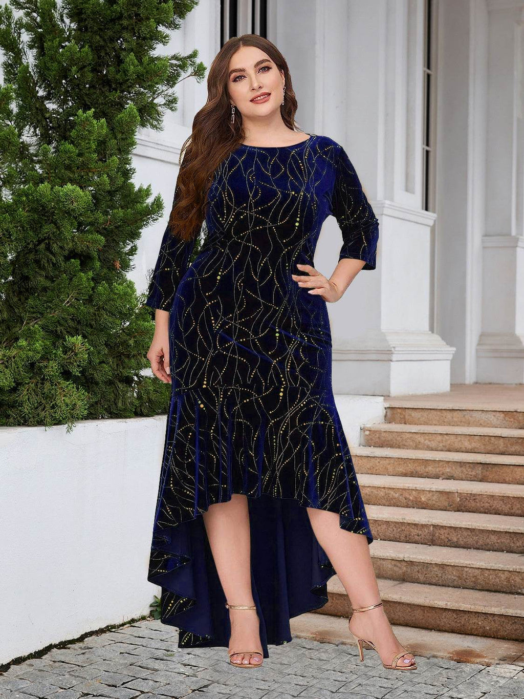 Plus Size Ruffle Hem High-Low Dress - Delanoir