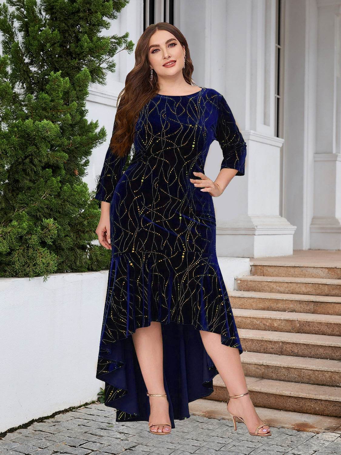 Plus Size Ruffle Hem High-Low Dress - Delanoir