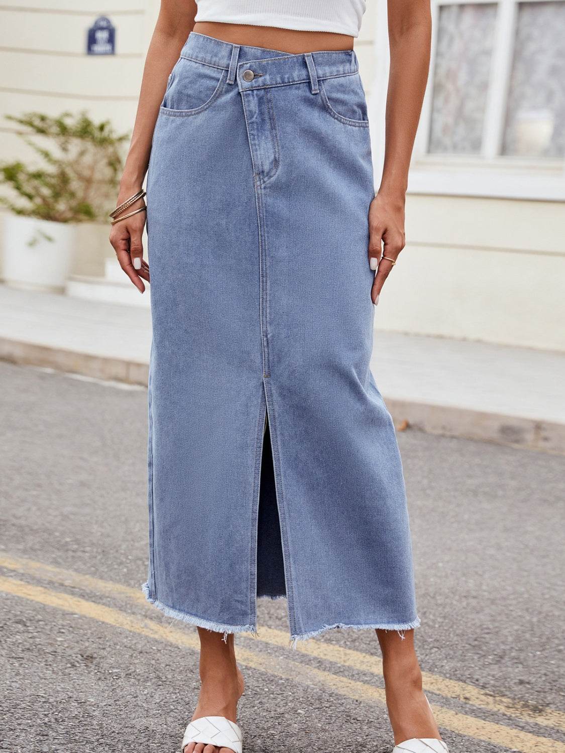 Slit Asymmetrical Waist Denim Skirt - Delanoir