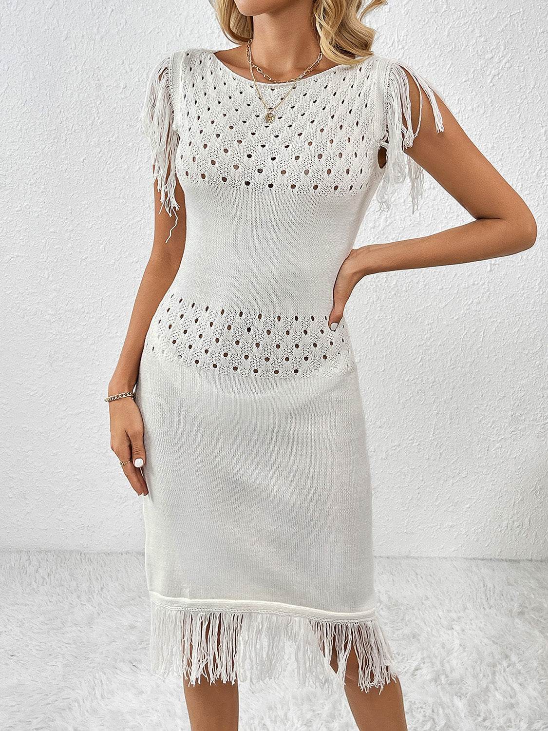 Fringe Openwork Boat Neck Knit Dress - Delanoir