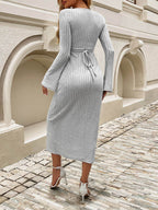 Devine Tied V-Neck Long Sleeve Sweater Dress - Delanoir