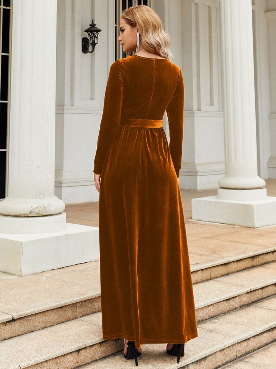 Tie Front Round Neck Long Sleeve Maxi Dress - Delanoir