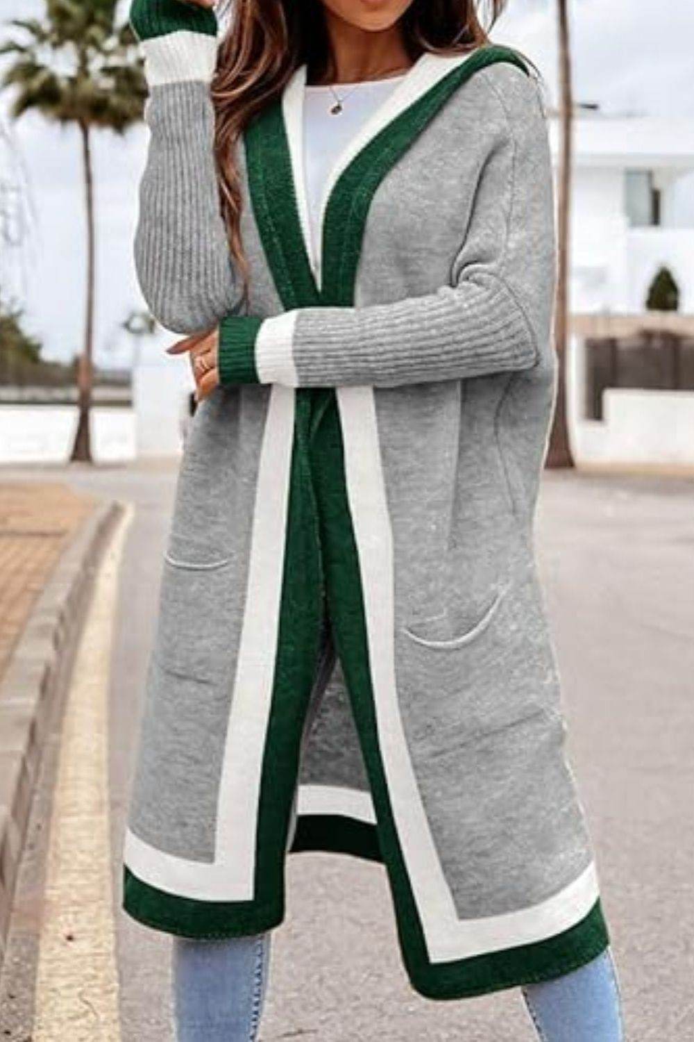 Pocketed Contrast Long Sleeve Hooded Cardigan - Delanoir