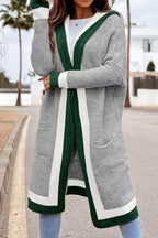 Pocketed Contrast Long Sleeve Hooded Cardigan - Delanoir