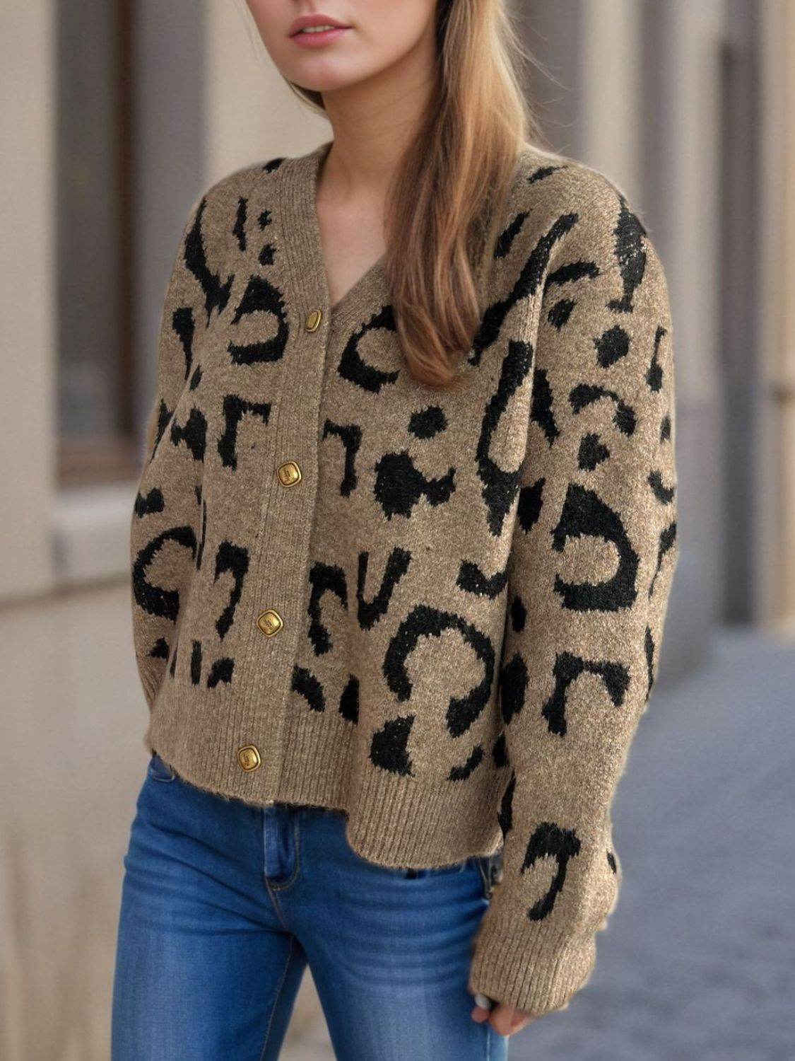 Leopard V-Neck Button Up Cardigan - Delanoir