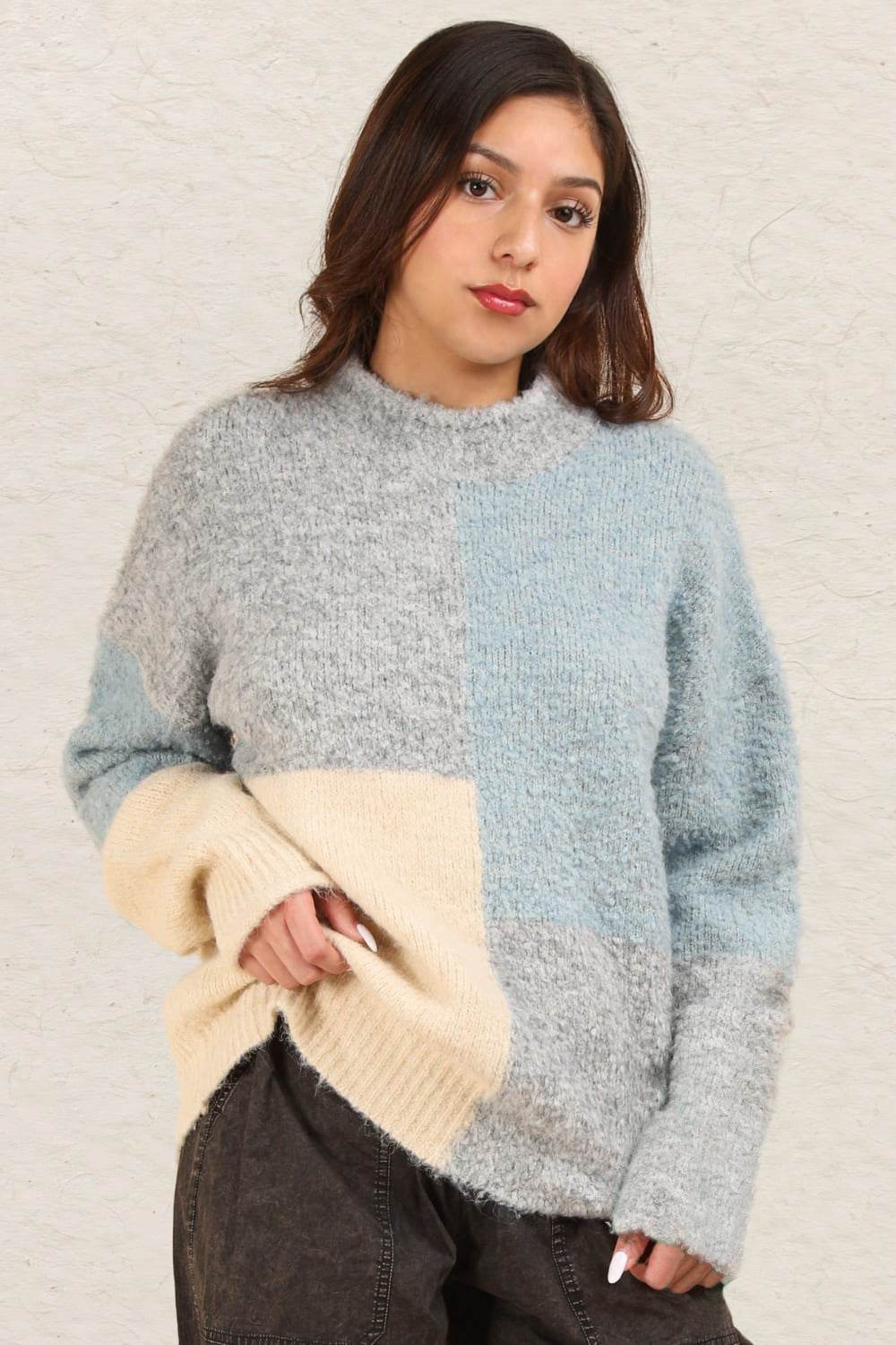 VERY J Color Block Mock Neck Drop Shoulder Sweater - Delanoir