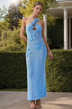 Crochet Flower Halter Neck Knit Dress - Delanoir