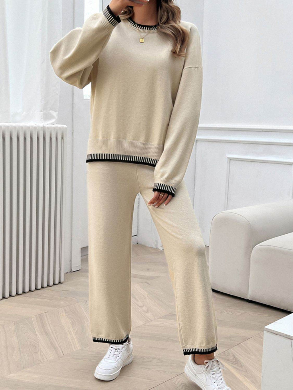 Devine Round Neck Dropped Shoulder Top and Pants Sweater Set - Delanoir