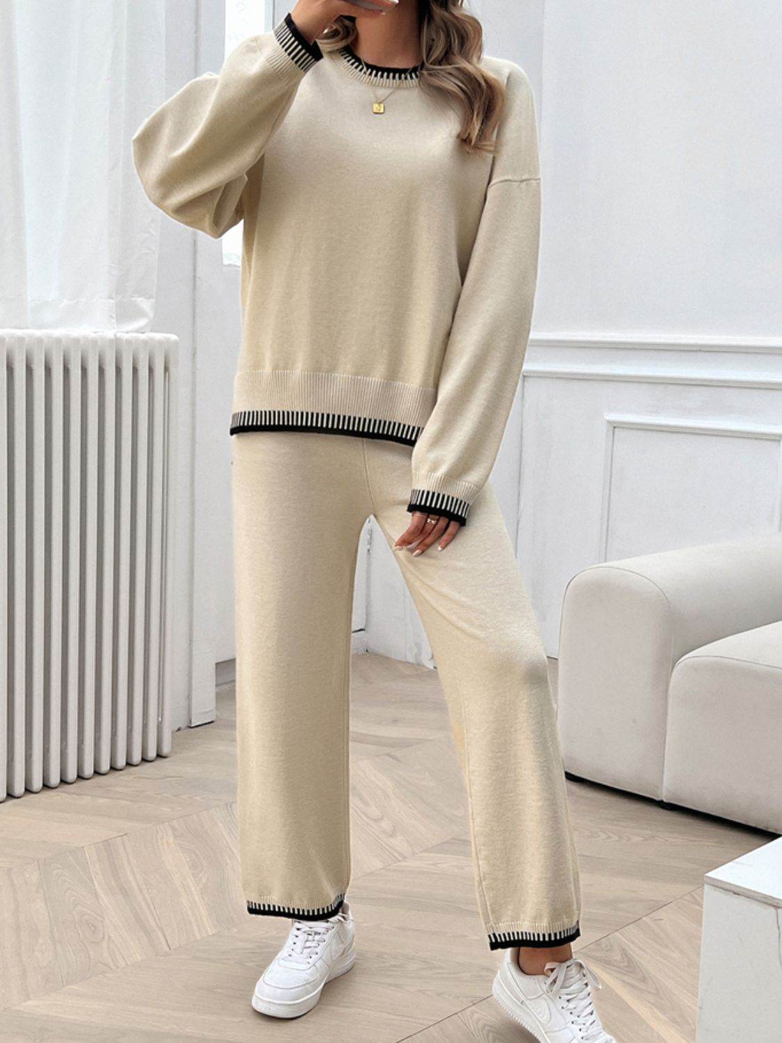 Devine Round Neck Dropped Shoulder Top and Pants Sweater Set - Delanoir