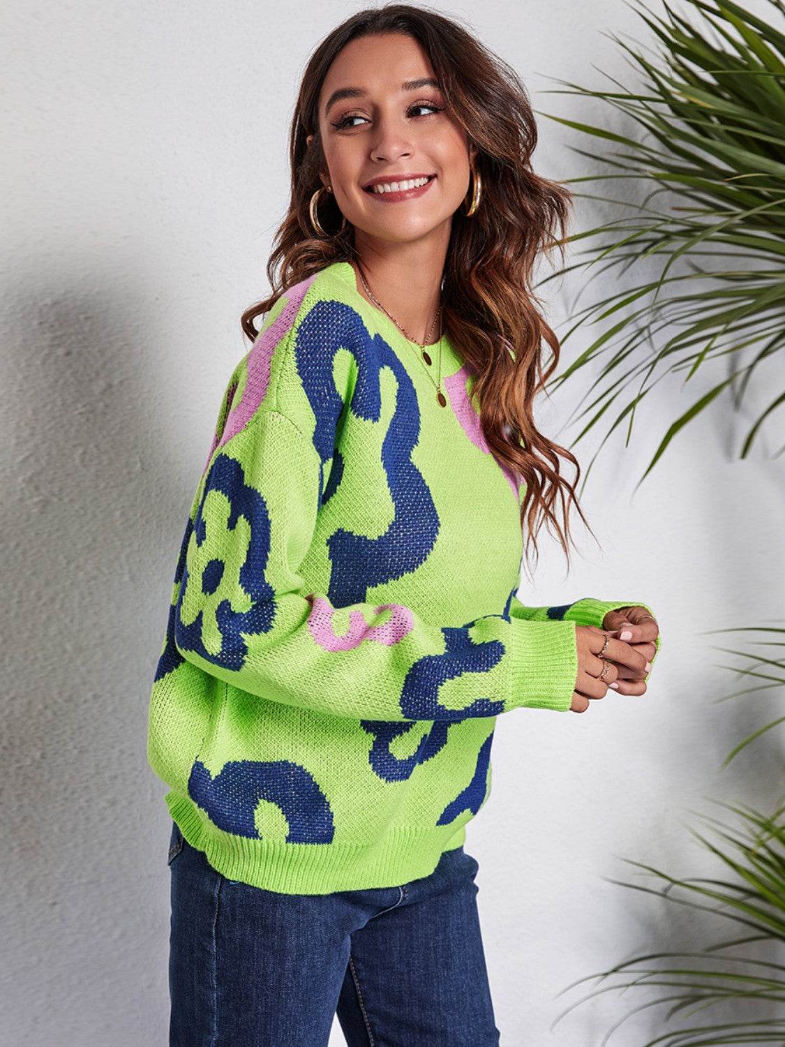 Flower Pattern Round Neck Long Sleeve Sweater - Delanoir