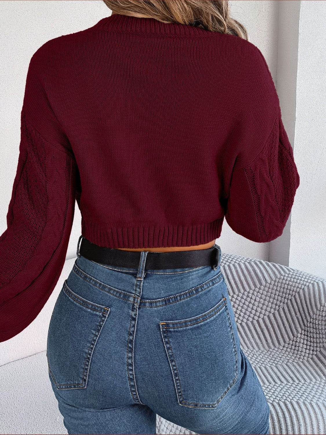 Cable-Knit Round Neck Cropped Sweater - Delanoir