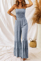 Smocked Printed Wide Strap Jumpsuit - Delanoir