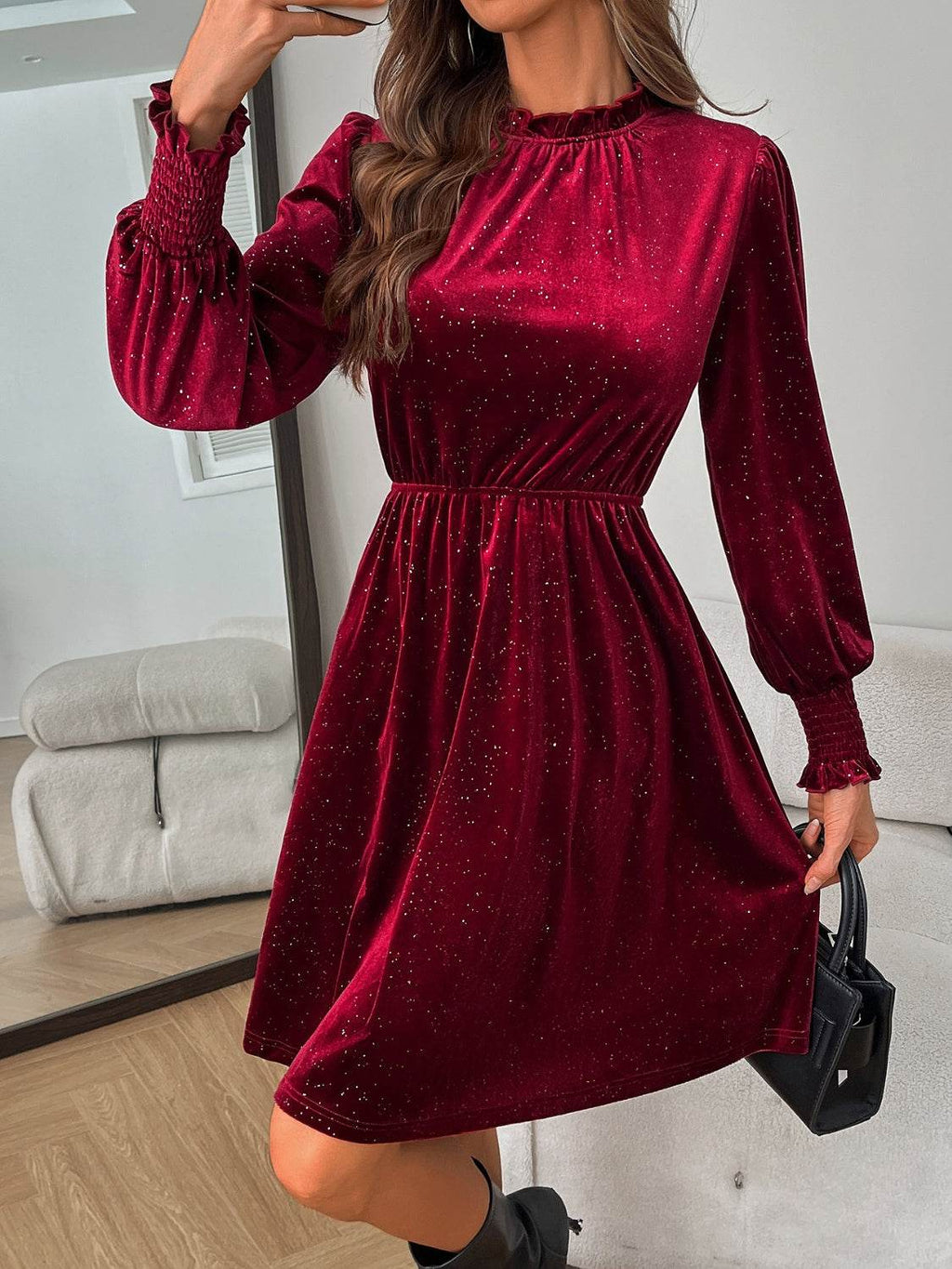 Glitter Mock Neck Long Sleeve Mini Dress - Delanoir