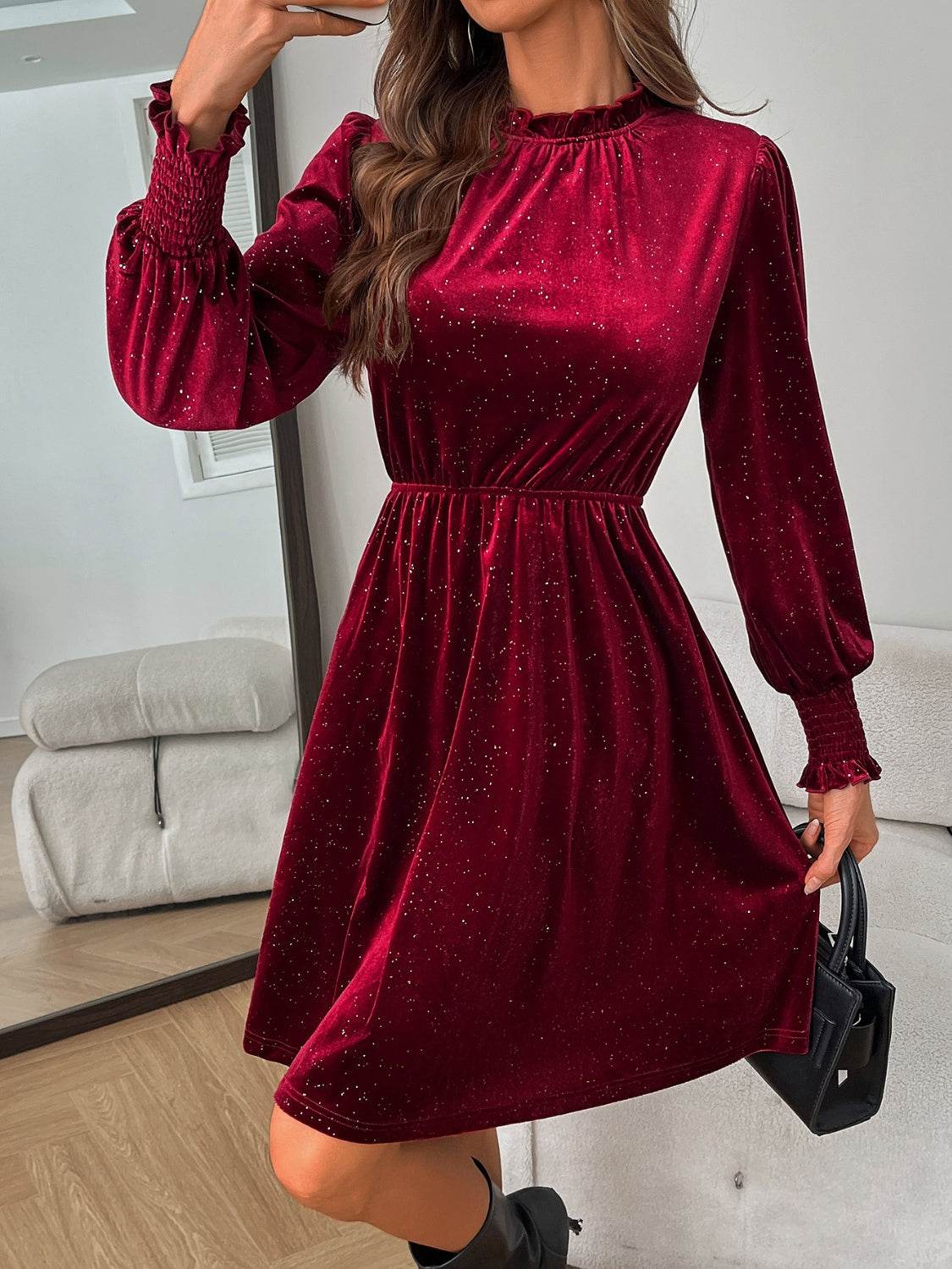 Glitter Mock Neck Long Sleeve Mini Dress - Delanoir