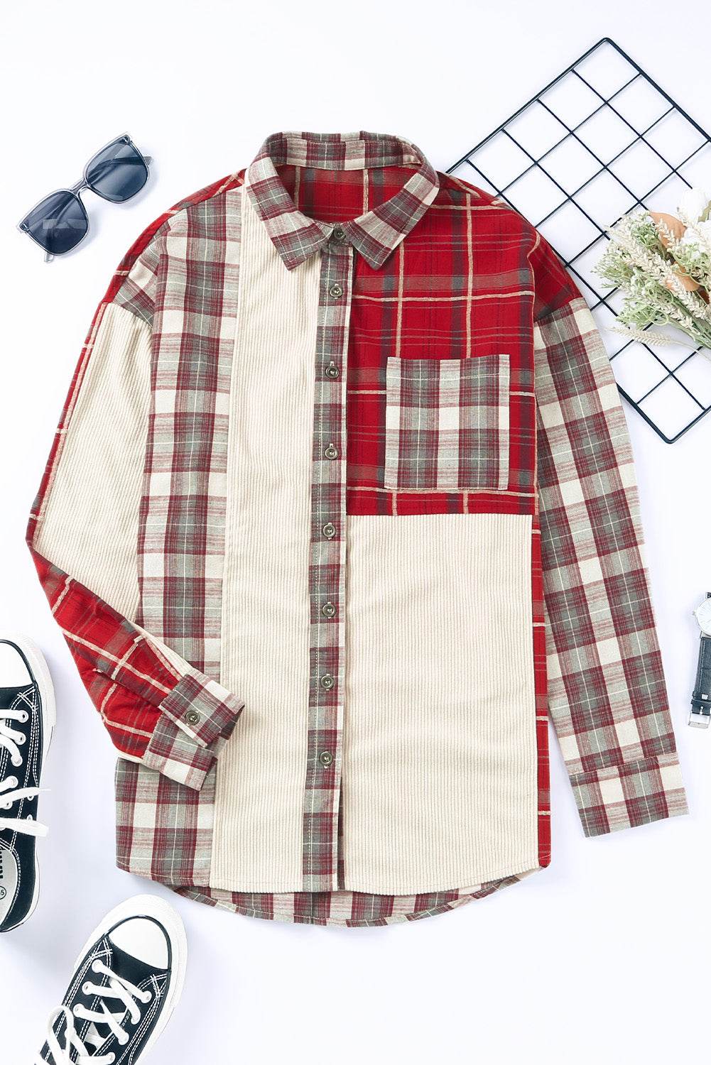 Plaid Patchwork Collared Neck Shacket - Delanoir
