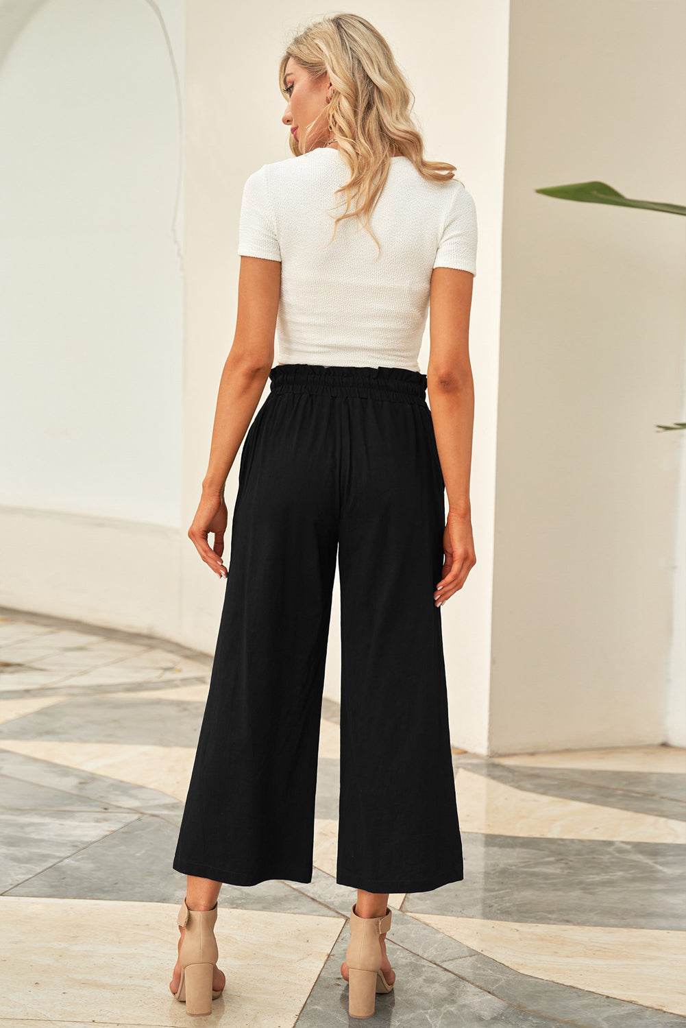 Drawstring Paperbag Waist Wide Leg Pants - Delanoir