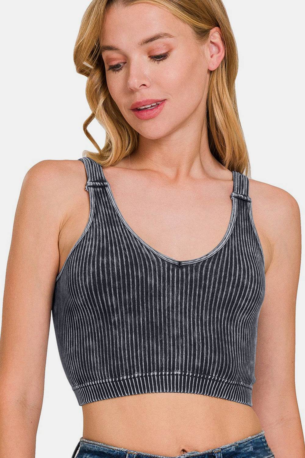 Zenana Washed Ribbed Cropped V-Neck Tank - Delanoir